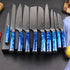 10-teiliges japanisches Kochmesser Set mit Damast-Design & blauem Harzgriff | Profi V-Schnitt Klingen